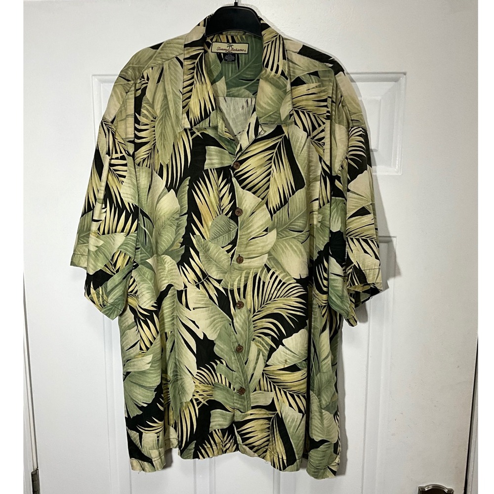 Tommy Bahama Relax Mens XXL Green Tropical Palm Leaf Silk Short Sleeve Shirt